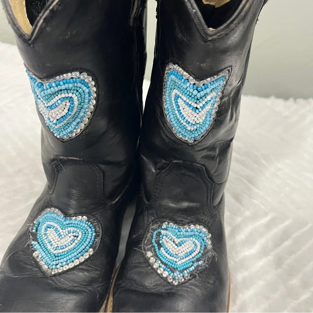 Roper Black Turquoise Kid‎ Cowgirl Boots size 3 western beads leather